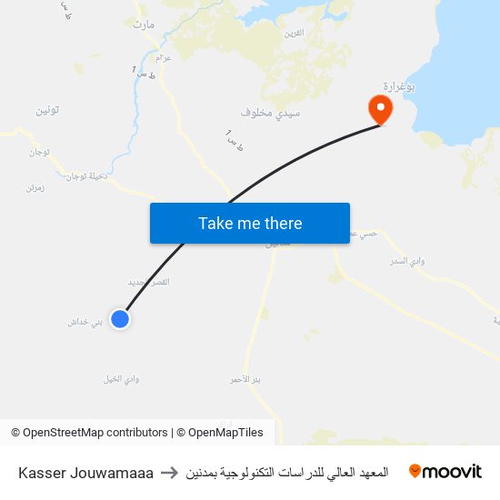 Kasser Jouwamaaa to المعهد العالي للدراسات التكنولوجية بمدنين map