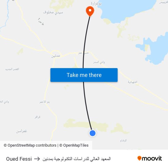 Oued Fessi to المعهد العالي للدراسات التكنولوجية بمدنين map