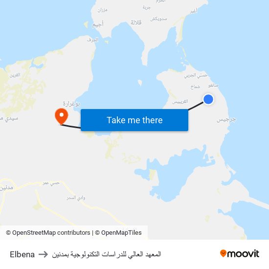 Elbena to المعهد العالي للدراسات التكنولوجية بمدنين map