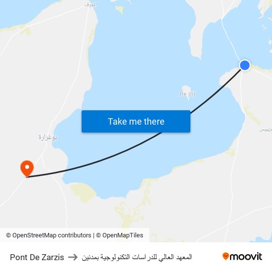 Pont De Zarzis to المعهد العالي للدراسات التكنولوجية بمدنين map