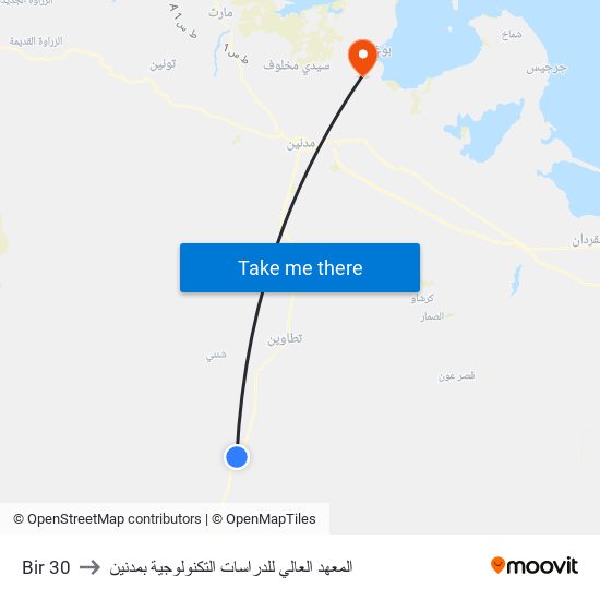 Bir 30 to المعهد العالي للدراسات التكنولوجية بمدنين map