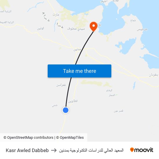 Kasr Awled Dabbeb to المعهد العالي للدراسات التكنولوجية بمدنين map