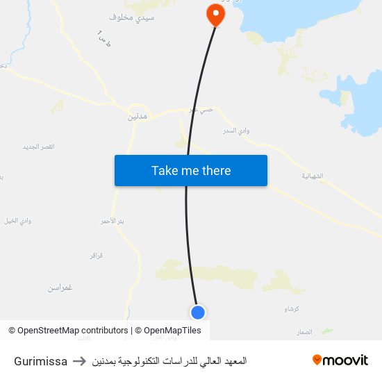 Gurimissa to المعهد العالي للدراسات التكنولوجية بمدنين map