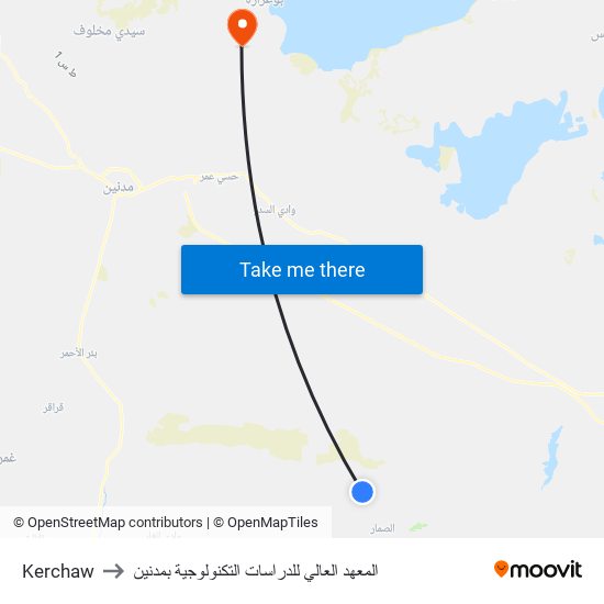 Kerchaw to المعهد العالي للدراسات التكنولوجية بمدنين map