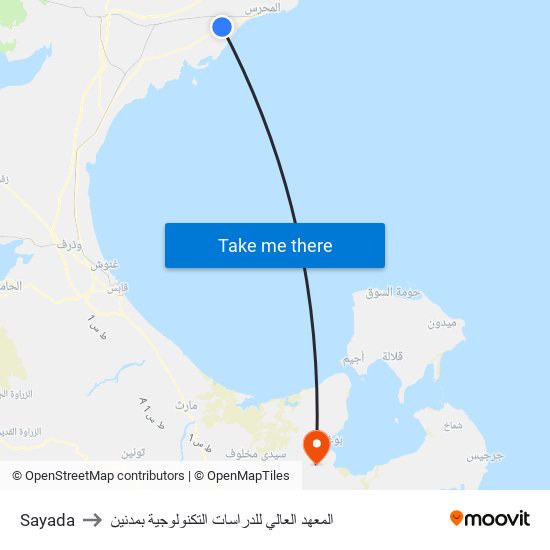 Sayada to المعهد العالي للدراسات التكنولوجية بمدنين map