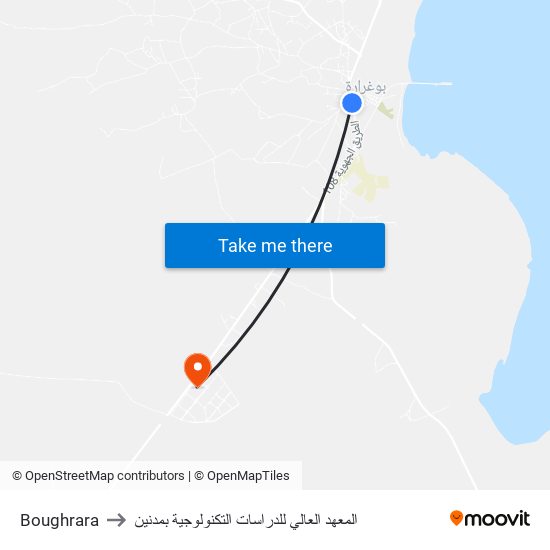 Boughrara to المعهد العالي للدراسات التكنولوجية بمدنين map