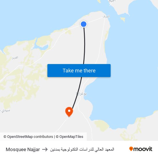 Mosquee Najjar to المعهد العالي للدراسات التكنولوجية بمدنين map