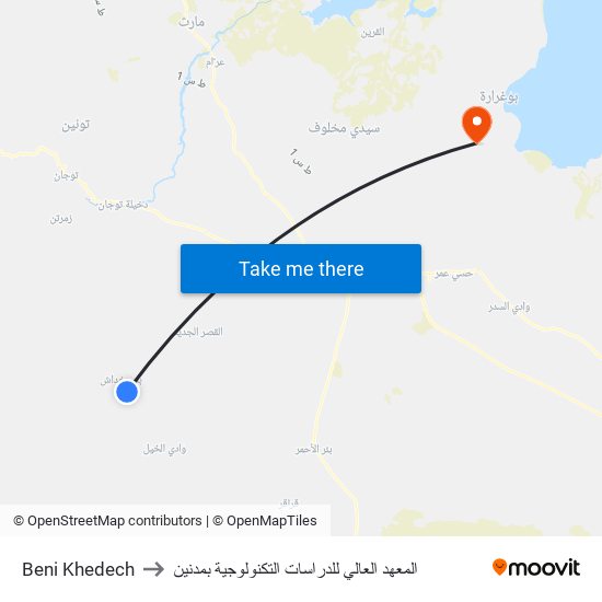 Beni Khedech to المعهد العالي للدراسات التكنولوجية بمدنين map