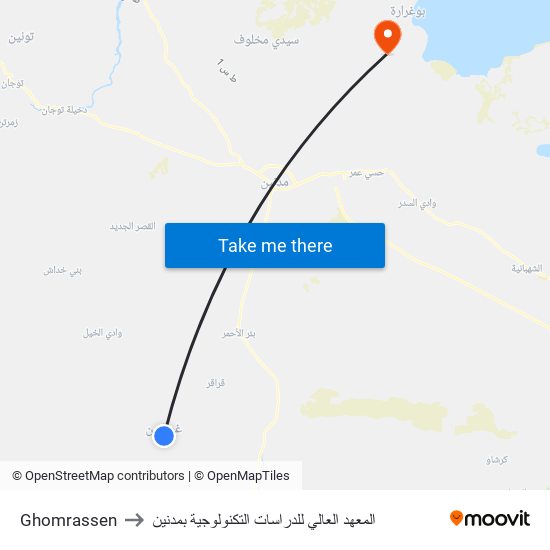 Ghomrassen to المعهد العالي للدراسات التكنولوجية بمدنين map