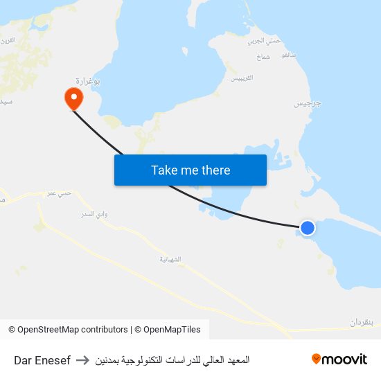 Dar Enesef to المعهد العالي للدراسات التكنولوجية بمدنين map