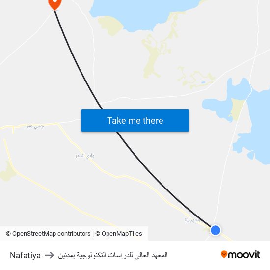 Nafatiya to المعهد العالي للدراسات التكنولوجية بمدنين map