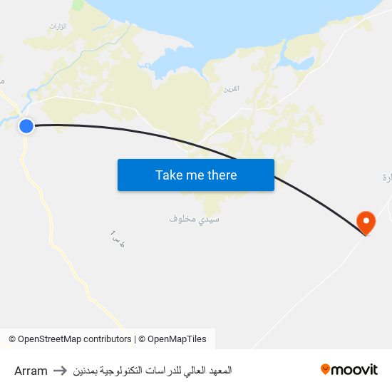 Arram to المعهد العالي للدراسات التكنولوجية بمدنين map