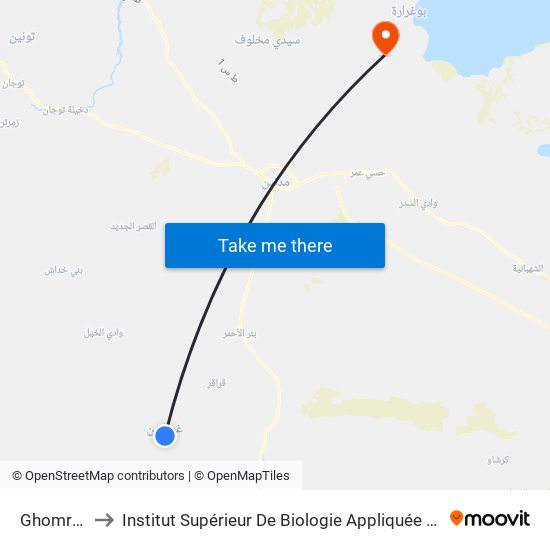 Ghomrassen to Institut Supérieur De Biologie Appliquée De Médenine (Isbam) map