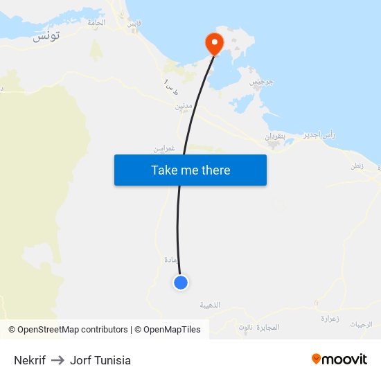 Nekrif to Jorf Tunisia map