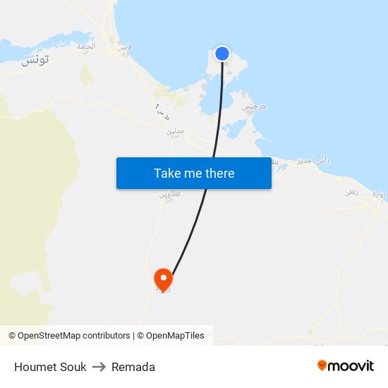 Houmet Souk to Remada map