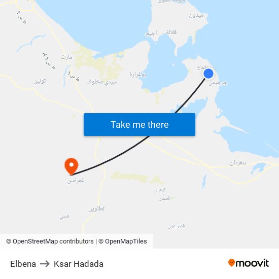 Elbena to Ksar Hadada map