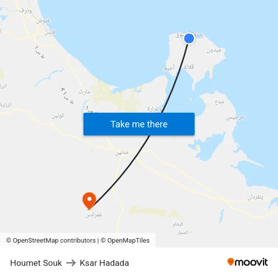 Houmet Souk to Ksar Hadada map