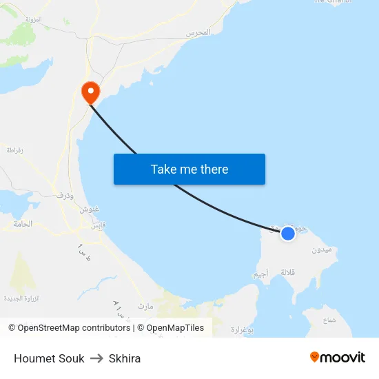 Houmet Souk to Skhira map