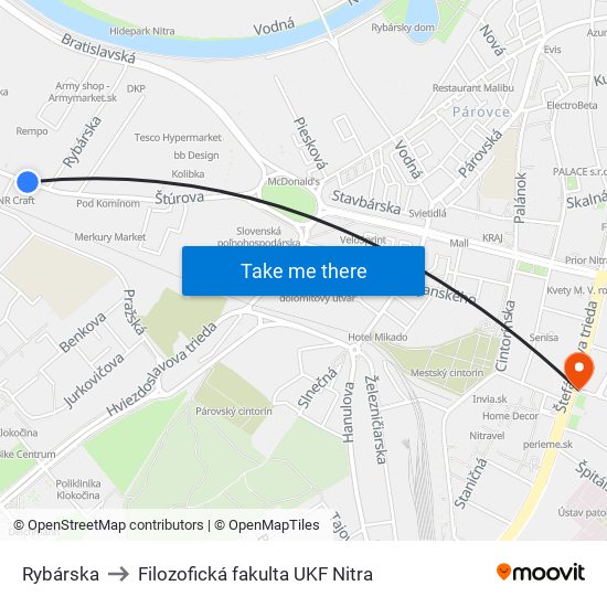 Rybárska to Filozofická fakulta UKF Nitra map