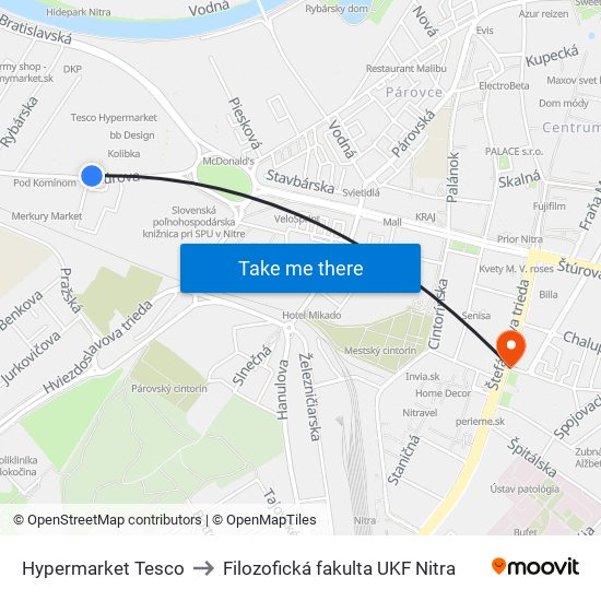 Hypermarket Tesco to Filozofická fakulta UKF Nitra map