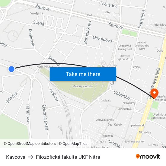 Kavcova to Filozofická fakulta UKF Nitra map