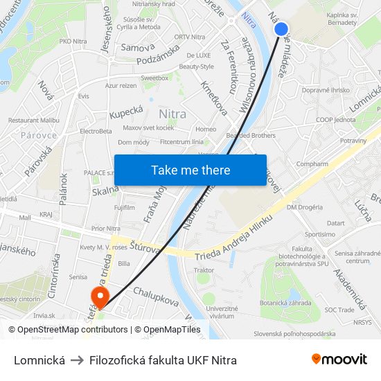 Lomnická to Filozofická fakulta UKF Nitra map