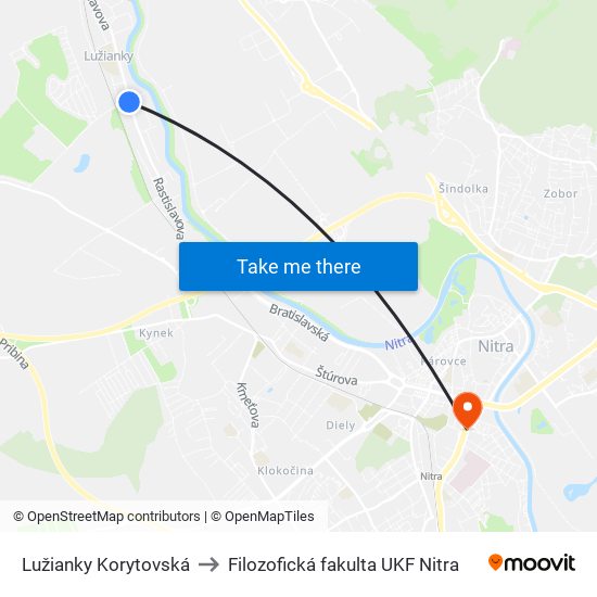 Lužianky Korytovská to Filozofická fakulta UKF Nitra map