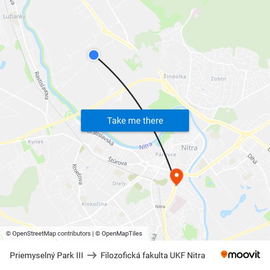 Priemyselný Park III to Filozofická fakulta UKF Nitra map