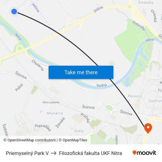 Priemyselný Park V to Filozofická fakulta UKF Nitra map