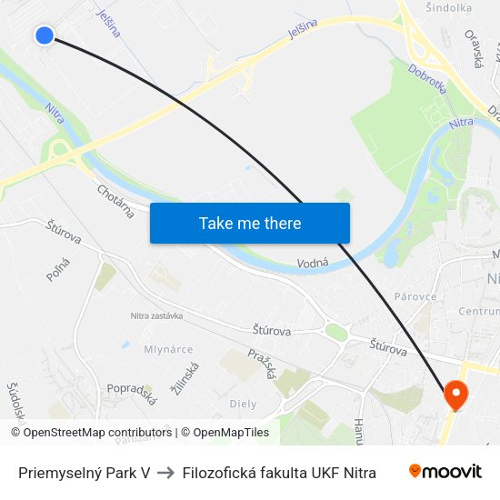 Priemyselný Park V to Filozofická fakulta UKF Nitra map