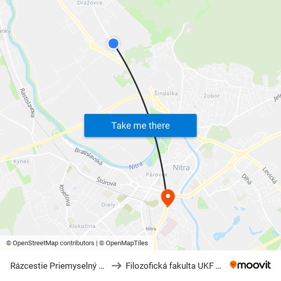 Rázcestie Priemyselný Park to Filozofická fakulta UKF Nitra map