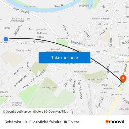 Rybárska to Filozofická fakulta UKF Nitra map