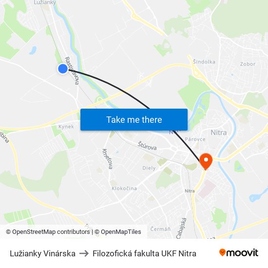 Lužianky Vinárska to Filozofická fakulta UKF Nitra map