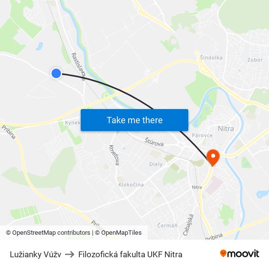 Lužianky Vúžv to Filozofická fakulta UKF Nitra map