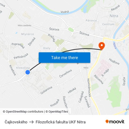 Čajkovského to Filozofická fakulta UKF Nitra map