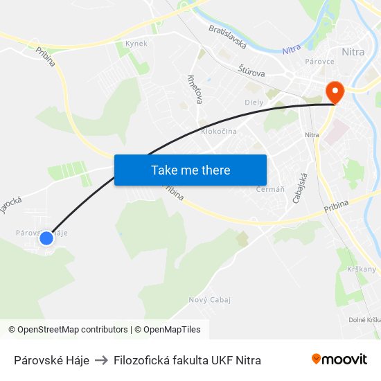 Párovské Háje to Filozofická fakulta UKF Nitra map