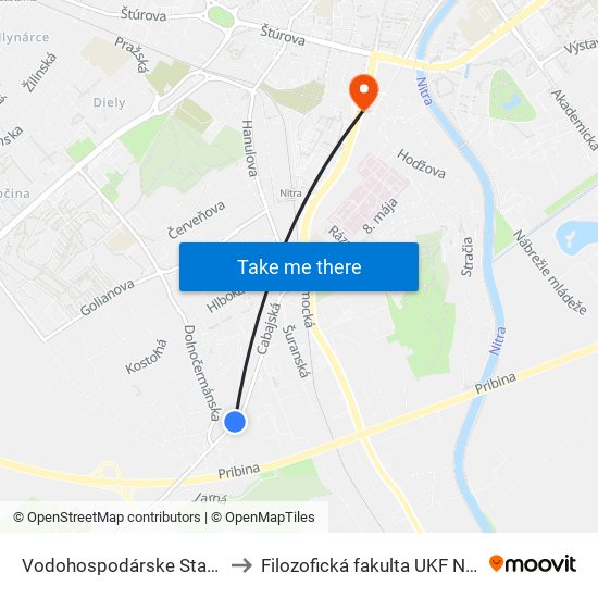 Vodohospodárske Stavby to Filozofická fakulta UKF Nitra map