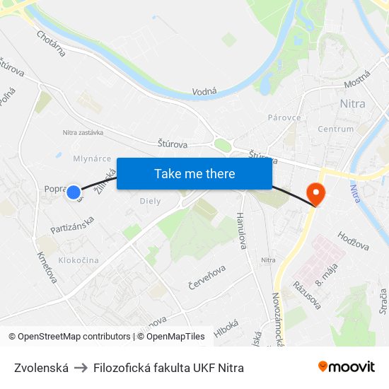 Zvolenská to Filozofická fakulta UKF Nitra map