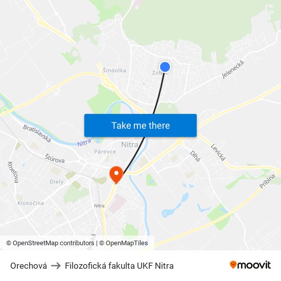 Orechová to Filozofická fakulta UKF Nitra map