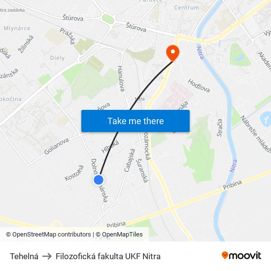 Tehelná to Filozofická fakulta UKF Nitra map