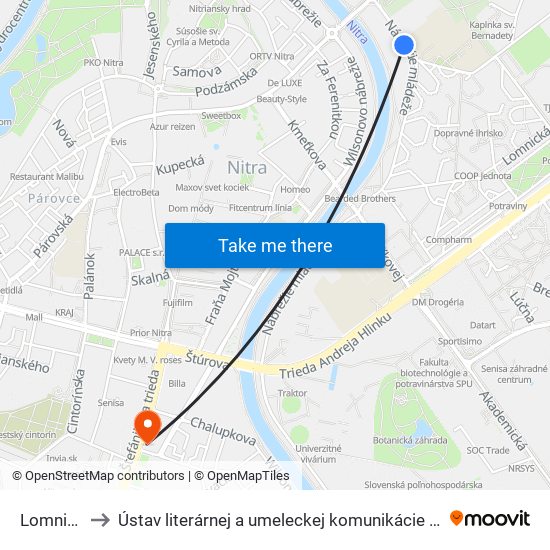 Lomnická to Ústav literárnej a umeleckej komunikácie UKF Nitra map