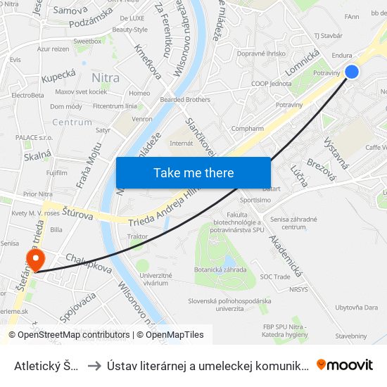 Atletický Štadión to Ústav literárnej a umeleckej komunikácie UKF Nitra map