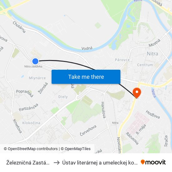 Železničná Zastávka Mlynárce to Ústav literárnej a umeleckej komunikácie UKF Nitra map