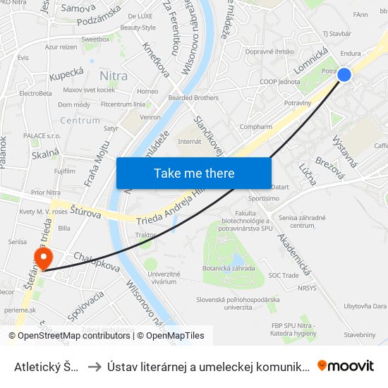 Atletický Štadión to Ústav literárnej a umeleckej komunikácie UKF Nitra map