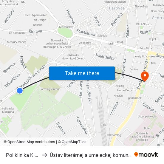 Poliklinika Klokočina to Ústav literárnej a umeleckej komunikácie UKF Nitra map