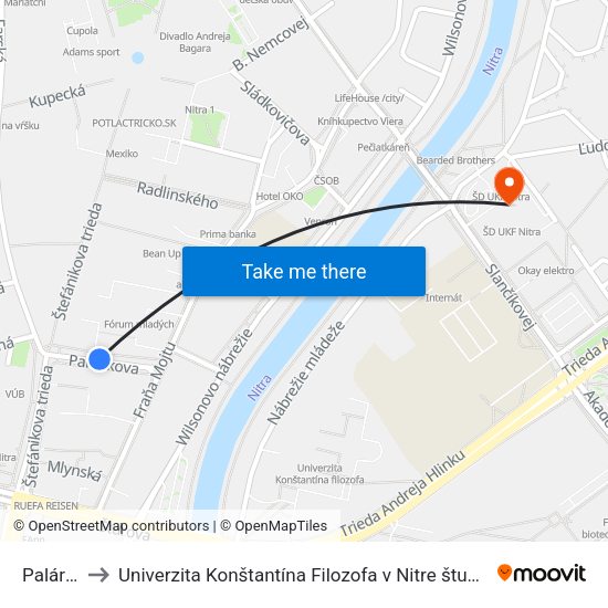 Palárikova to Univerzita Konštantína Filozofa v Nitre študentský domov UKF Nitra map