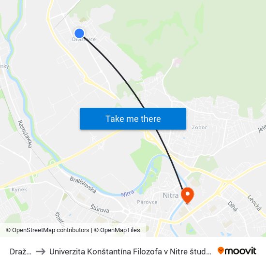 Dražovce to Univerzita Konštantína Filozofa v Nitre študentský domov UKF Nitra map