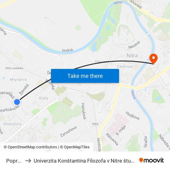 Popradská to Univerzita Konštantína Filozofa v Nitre študentský domov UKF Nitra map