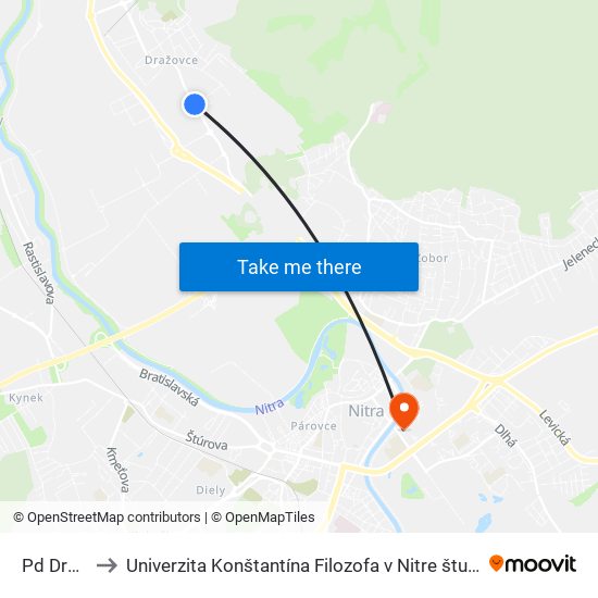 Pd Dražovce to Univerzita Konštantína Filozofa v Nitre študentský domov UKF Nitra map