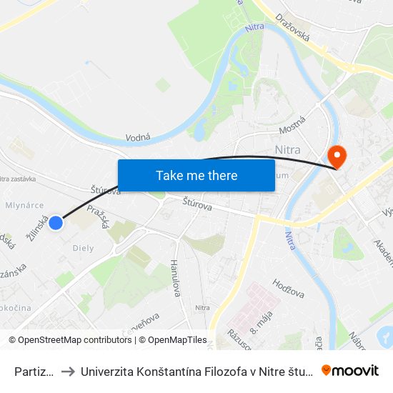 Partizánska to Univerzita Konštantína Filozofa v Nitre študentský domov UKF Nitra map